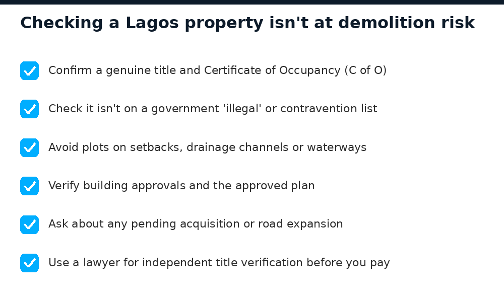 Checklist to confirm a Lagos property is not at demolition risk before renting or buying