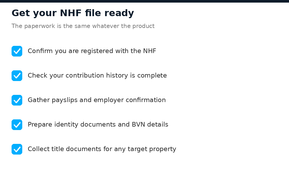 Checklist to prepare an NHF file for FMBN's new housing finance products
